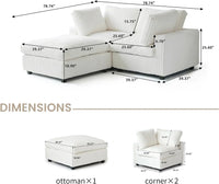 Deluxe Classic Cloud Sectional Sofas | Beige Plush Fabric Loveseats 2-seaters with 1 Ottoman