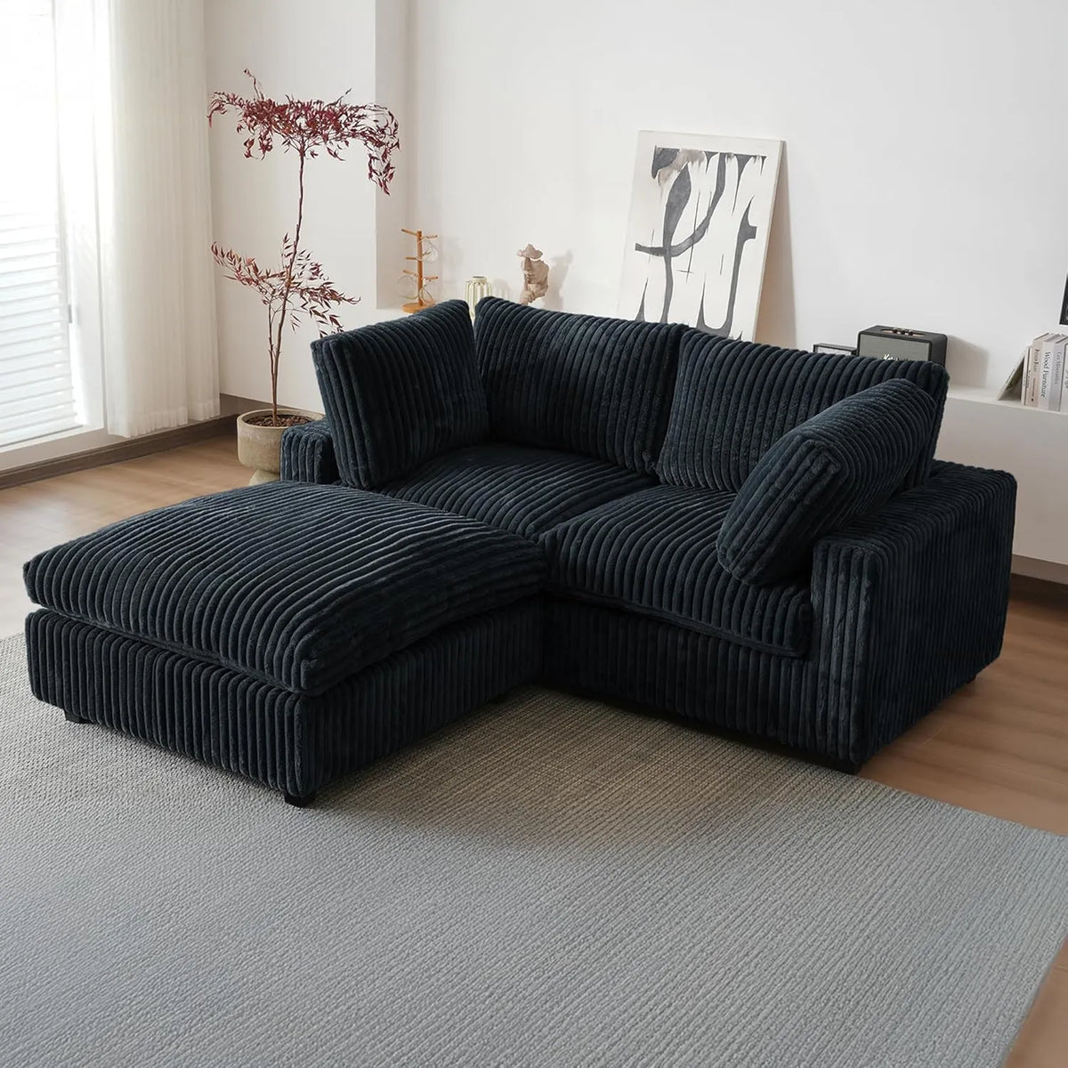 Deluxe Cloud 2-Seater Black Washable Chaise Sectional | 3-Piece (includes 1 Ottoman), Plush Fabric, Modular Design