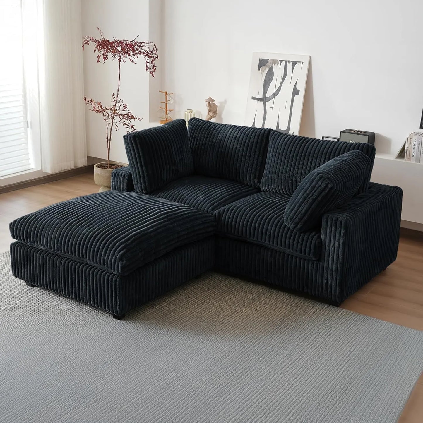 Deluxe Classic Cloud Sectional Sofas | Black Plush Fabric Loveseats 2-seaters with 1 Ottoman