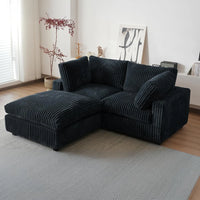 Deluxe Classic Cloud Sectional Sofas | Black Plush Fabric Loveseats 2-seaters with 1 Ottoman