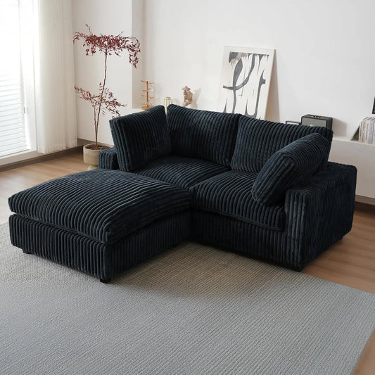 Deluxe Classic Cloud Sectional Sofas | Black Plush Fabric Loveseats 2-seaters with 1 Ottoman
