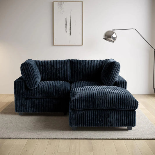 Deluxe Classic Cloud Sectional Sofas | Black Plush Fabric Loveseats 2-seaters with 1 Ottoman