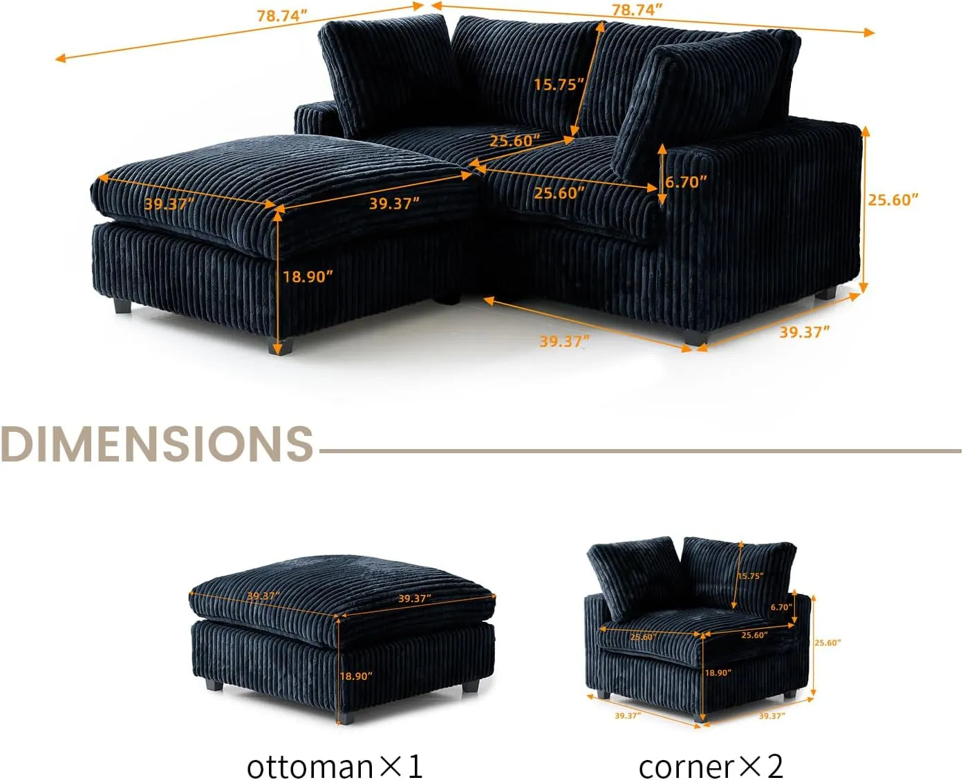 Deluxe Classic Cloud Sectional Sofas | Black Plush Fabric Loveseats 2-seaters with 1 Ottoman
