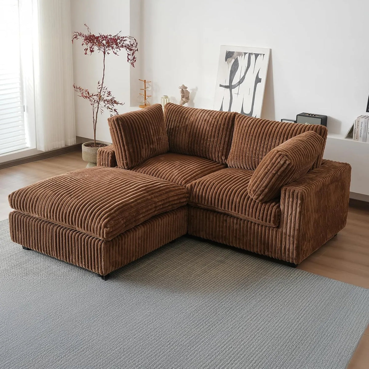 Deluxe Cloud 2-Seater Brown Washable Chaise Sectional | 3-Piece (includes 1 Ottoman), Plush Fabric, Modular Design