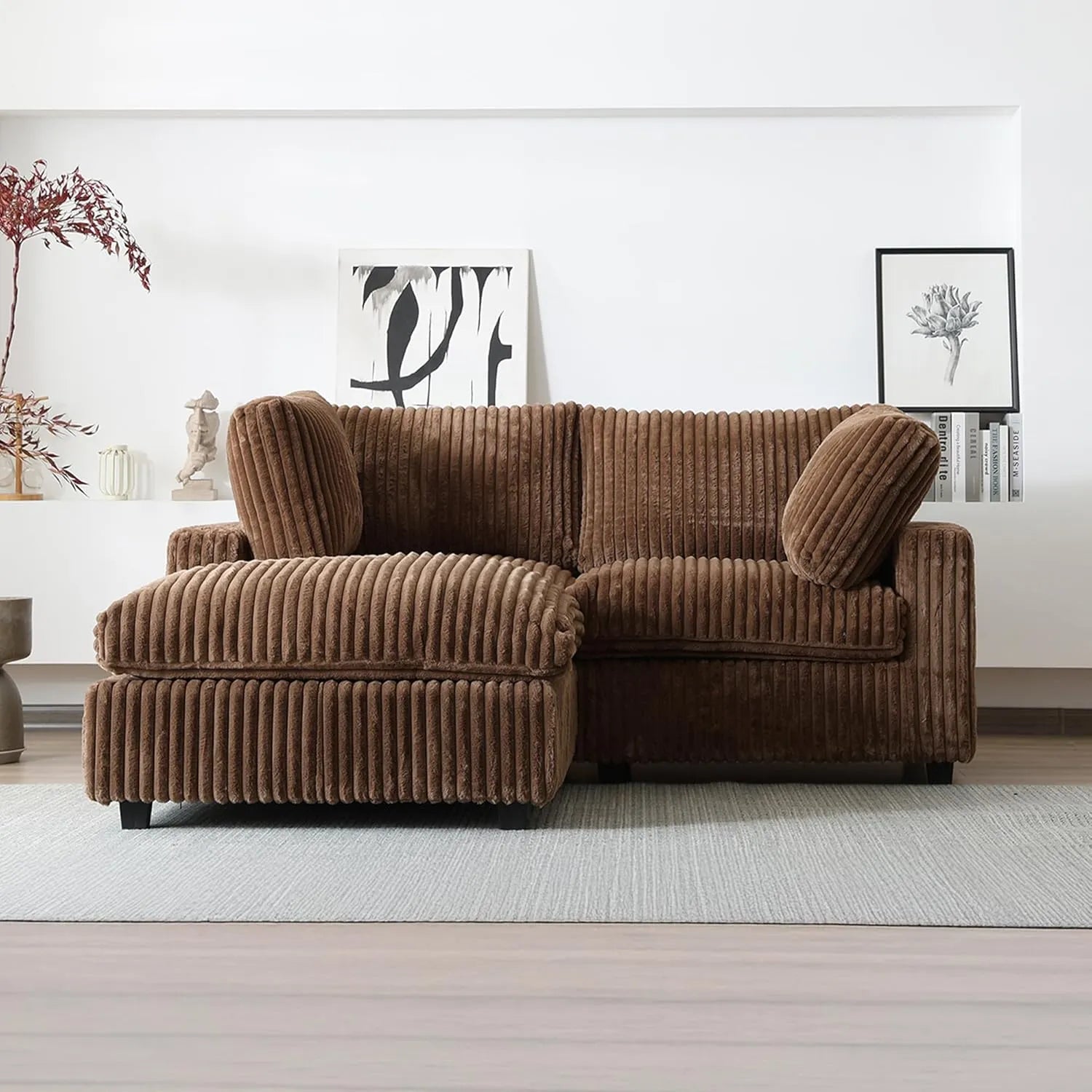 Sofá seccional de lujo Cloud de 2 plazas, color marrón, lavable, con chaise longue | 3 piezas (incluye 1 otomana), tejido de felpa, diseño modular