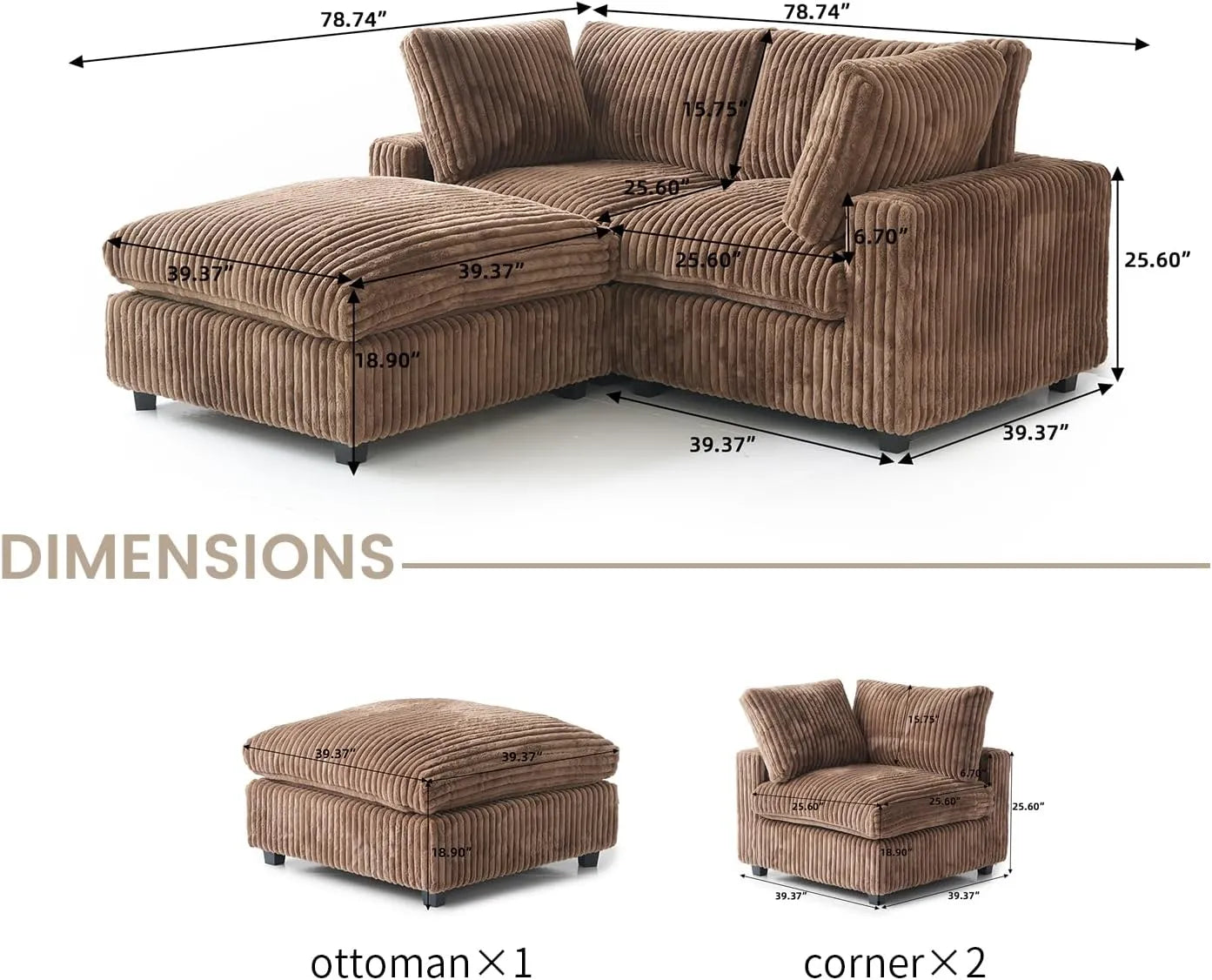 Sofá seccional de lujo Cloud de 2 plazas, color marrón, lavable, con chaise longue | 3 piezas (incluye 1 otomana), tejido de felpa, diseño modular