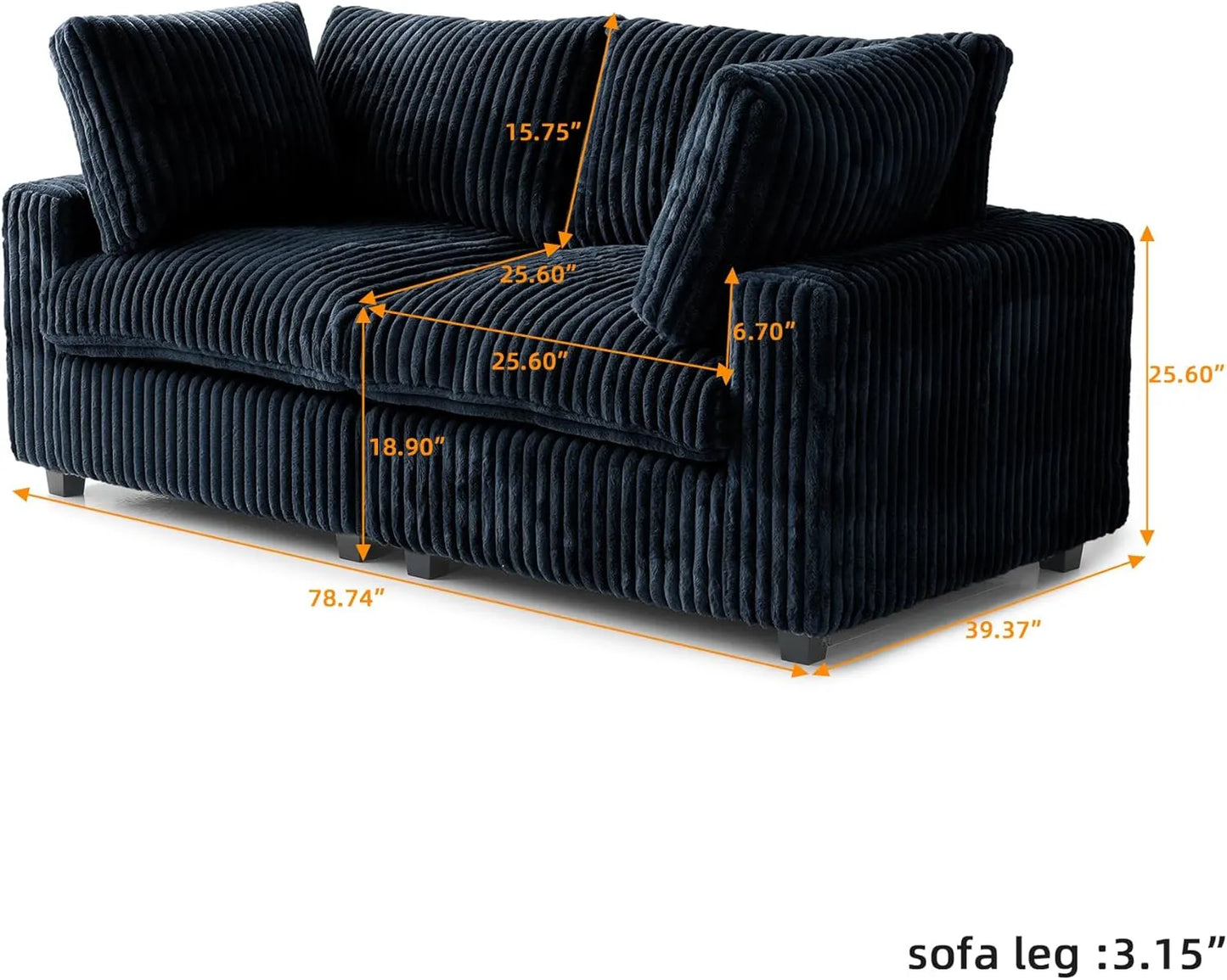 Deluxe Classic Cloud Sectional Sofas | Black Plush Fabric Loveseats 2-seaters
