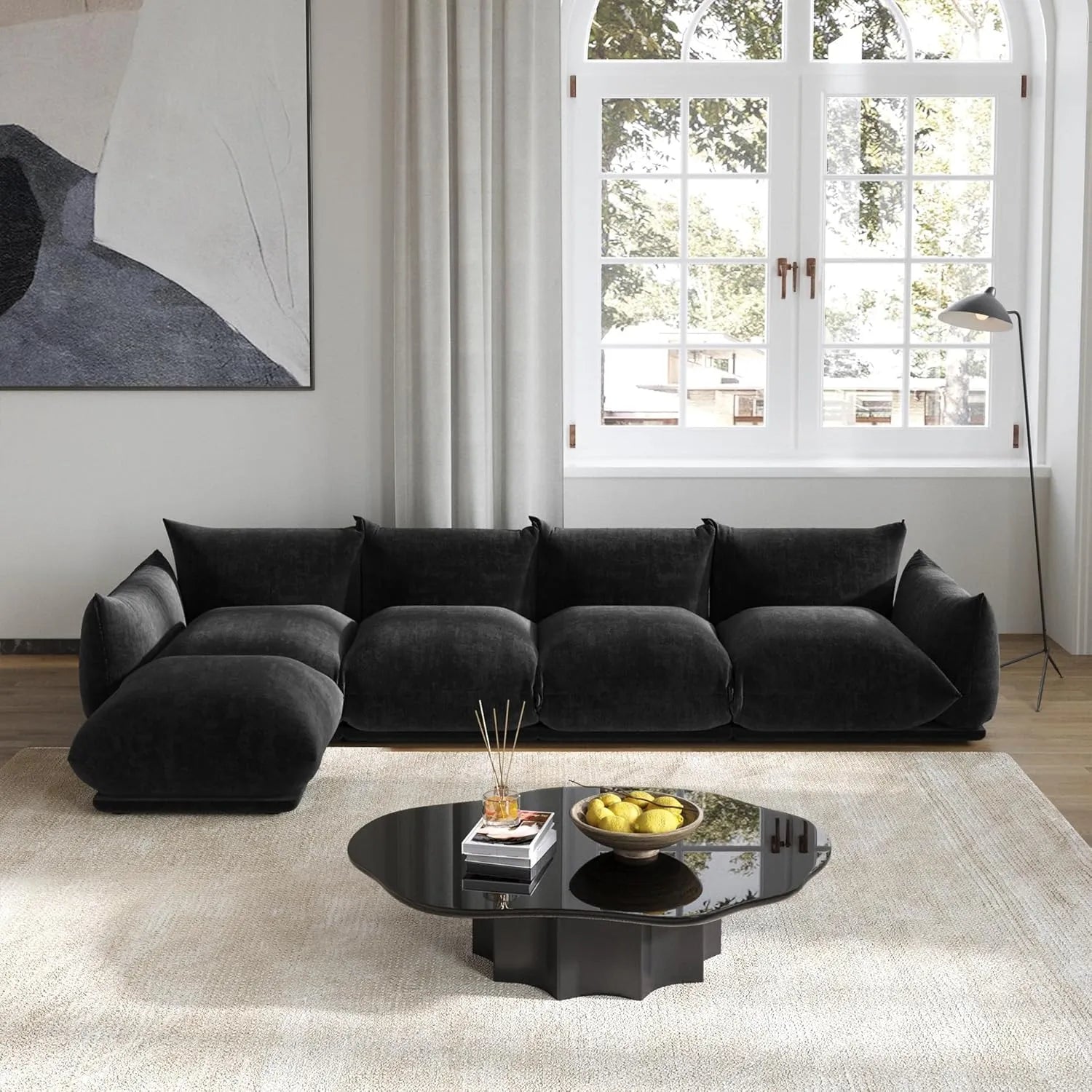 Sofá modular en forma de L Matrix de 4 plazas, color negro | 5 piezas (incluye 1 otomana), tela de chenilla, gran capacidad.