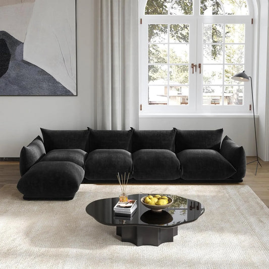 Matrix Modern Sectional Sofas | Black Chenille Couch Sectionals 4-seaters with 1 Ottoman