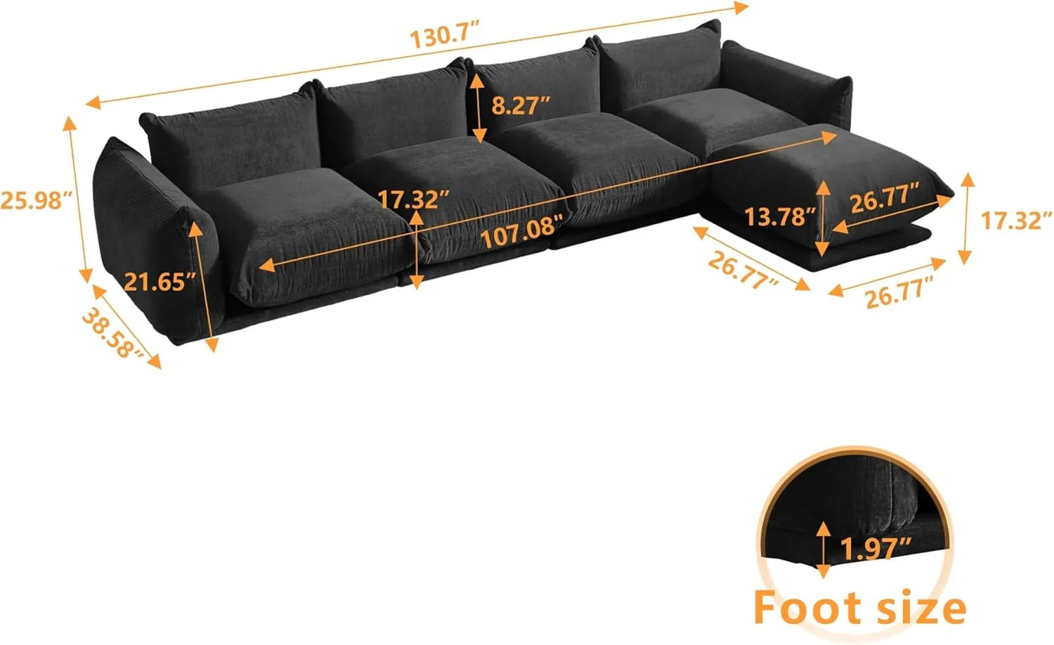 Sofá modular en forma de L Matrix de 4 plazas, color negro | 5 piezas (incluye 1 otomana), tela de chenilla, gran capacidad.