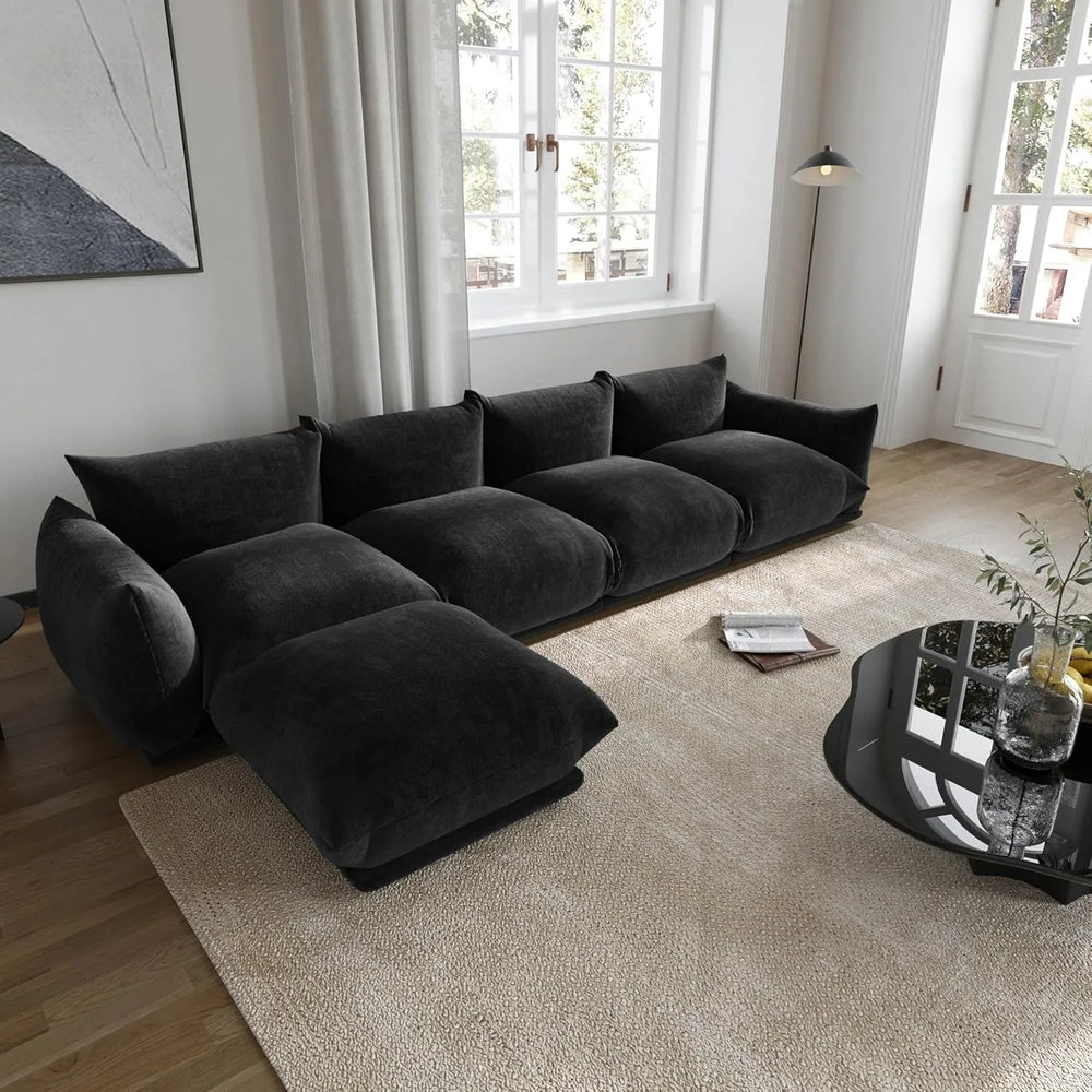 Matrix Modern Sectional Sofas | Black Chenille Couch Sectionals 4-seaters with 1 Ottoman