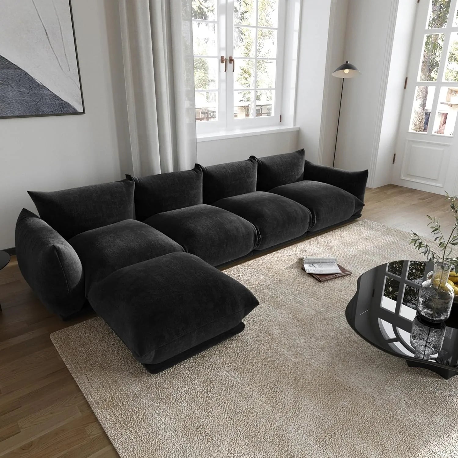 Sofá modular en forma de L Matrix de 4 plazas, color negro | 5 piezas (incluye 1 otomana), tela de chenilla, gran capacidad.