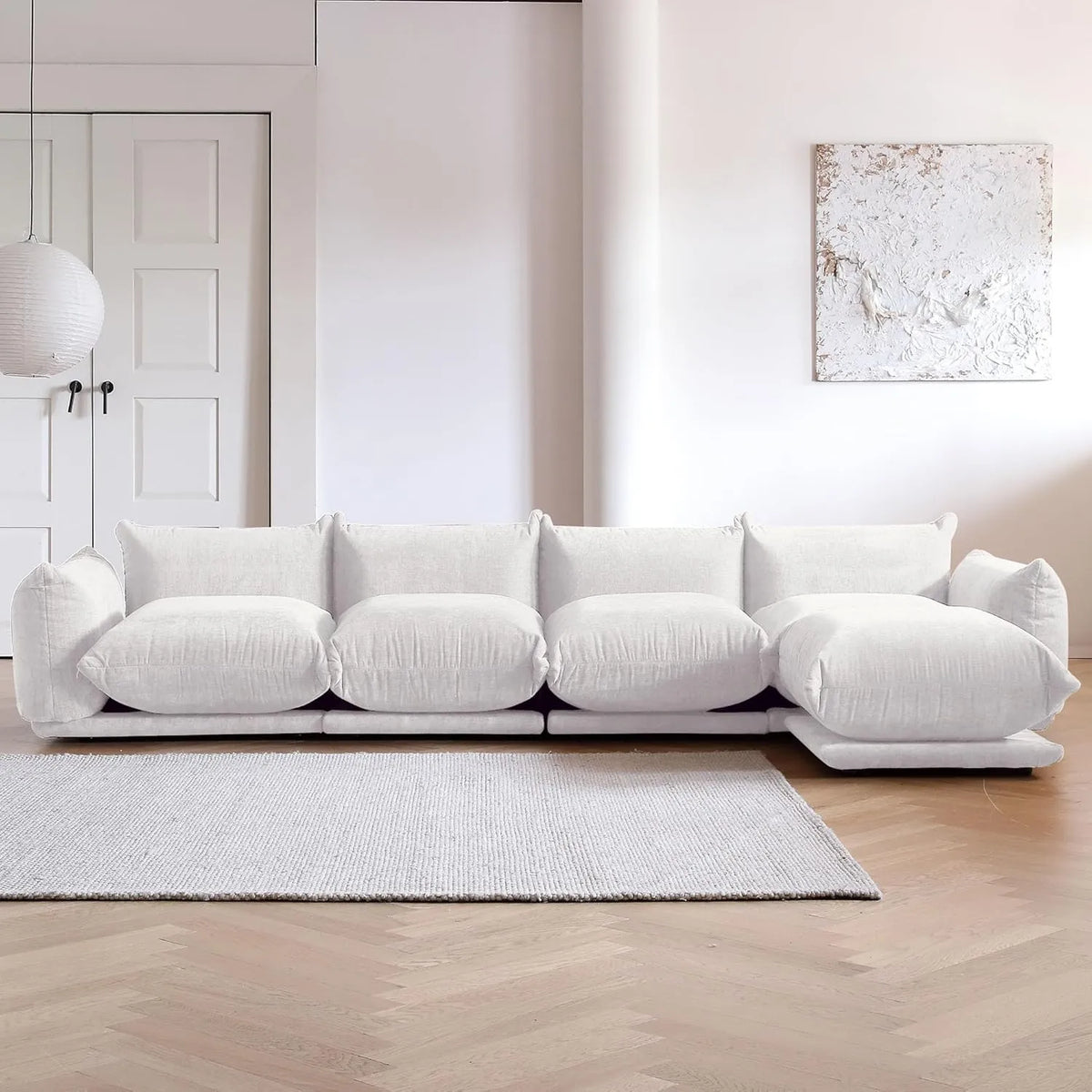 Sofá modular en forma de L Matrix de 4 plazas, color beige | 5 piezas (incluye 1 otomana), tela de chenilla, diseño espacioso