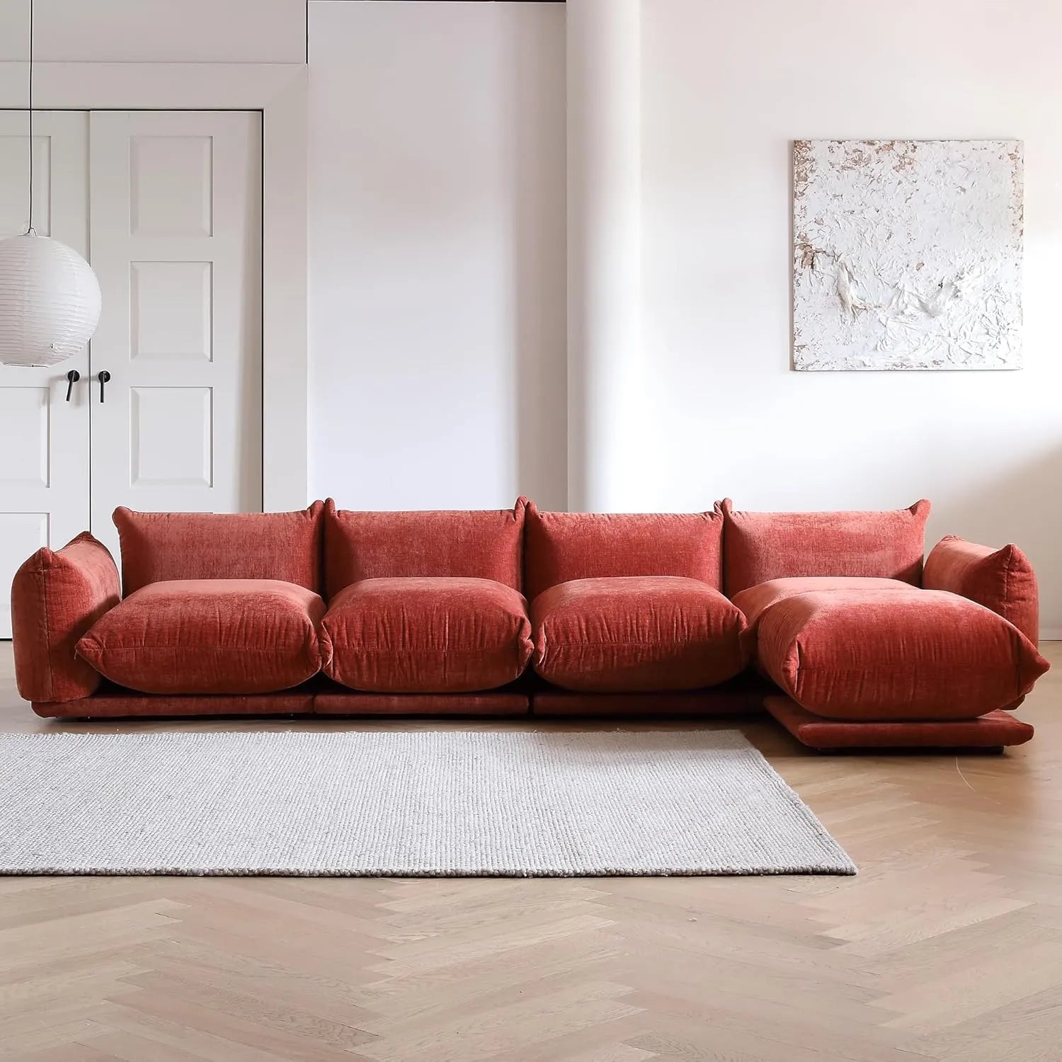 Matrix 4-Seater Orange Modular L-Shaped Sectional | 5-Piece (includes 1 Ottoman), Chenille Fabric, Spacious Design