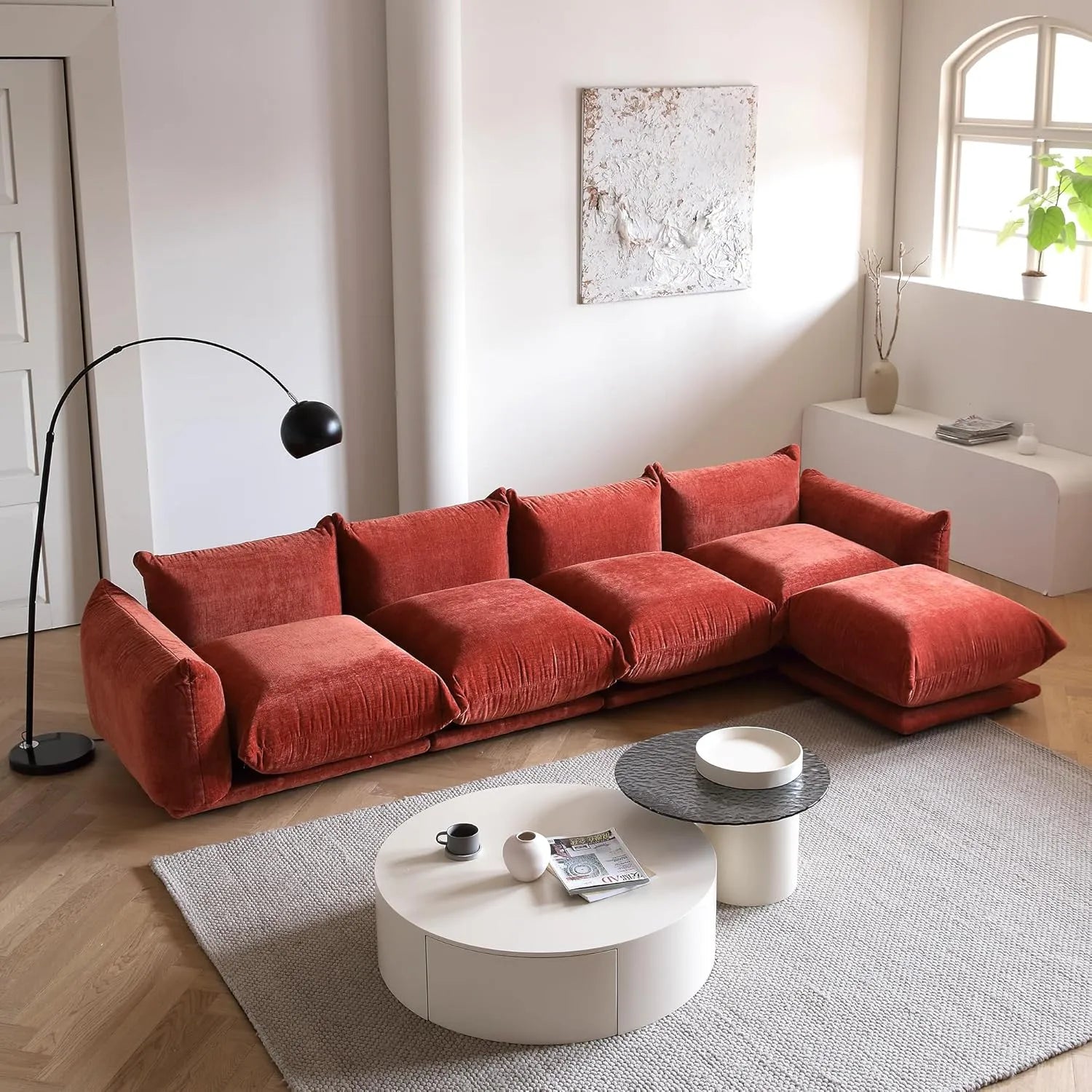 Matrix 4-Seater Orange Modular L-Shaped Sectional | 5-Piece (includes 1 Ottoman), Chenille Fabric, Spacious Design
