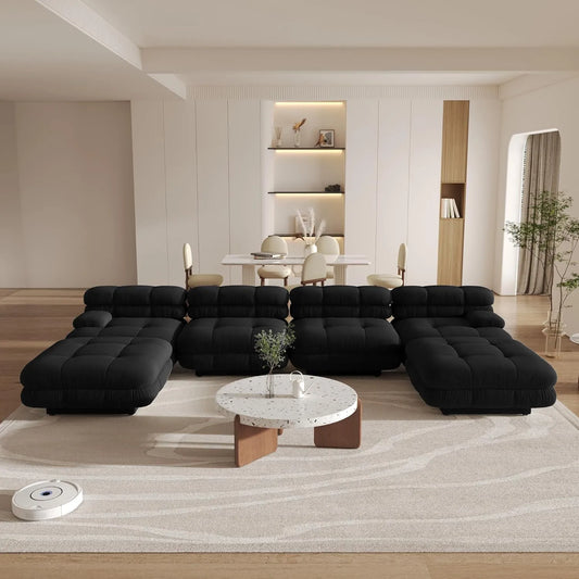 Matrix Italian Modular Sofas | Black Teddy Velvet U shaped Sectionals 4-seaters