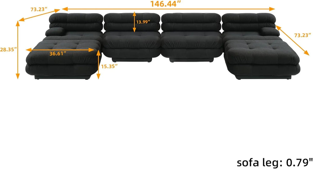 Matrix Italian Modular Sofas | Black Teddy Velvet U shaped Sectionals 4-seaters