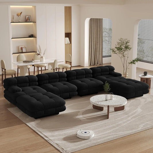 Matrix Italian Modular Sofas | Black Teddy Velvet U shaped Sectionals 4-seaters