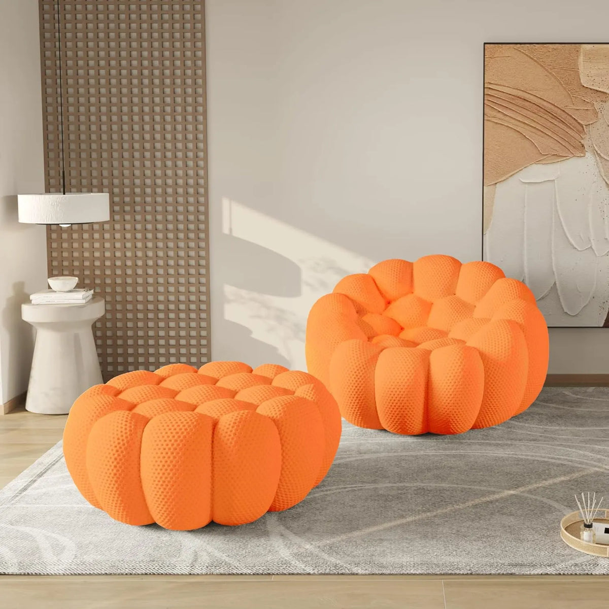 Sofá individual Essential de 1 plaza en tela de punto 3D naranja | 2 piezas (incluye 1 otomana), tela de punto 3D, para espacios pequeños
