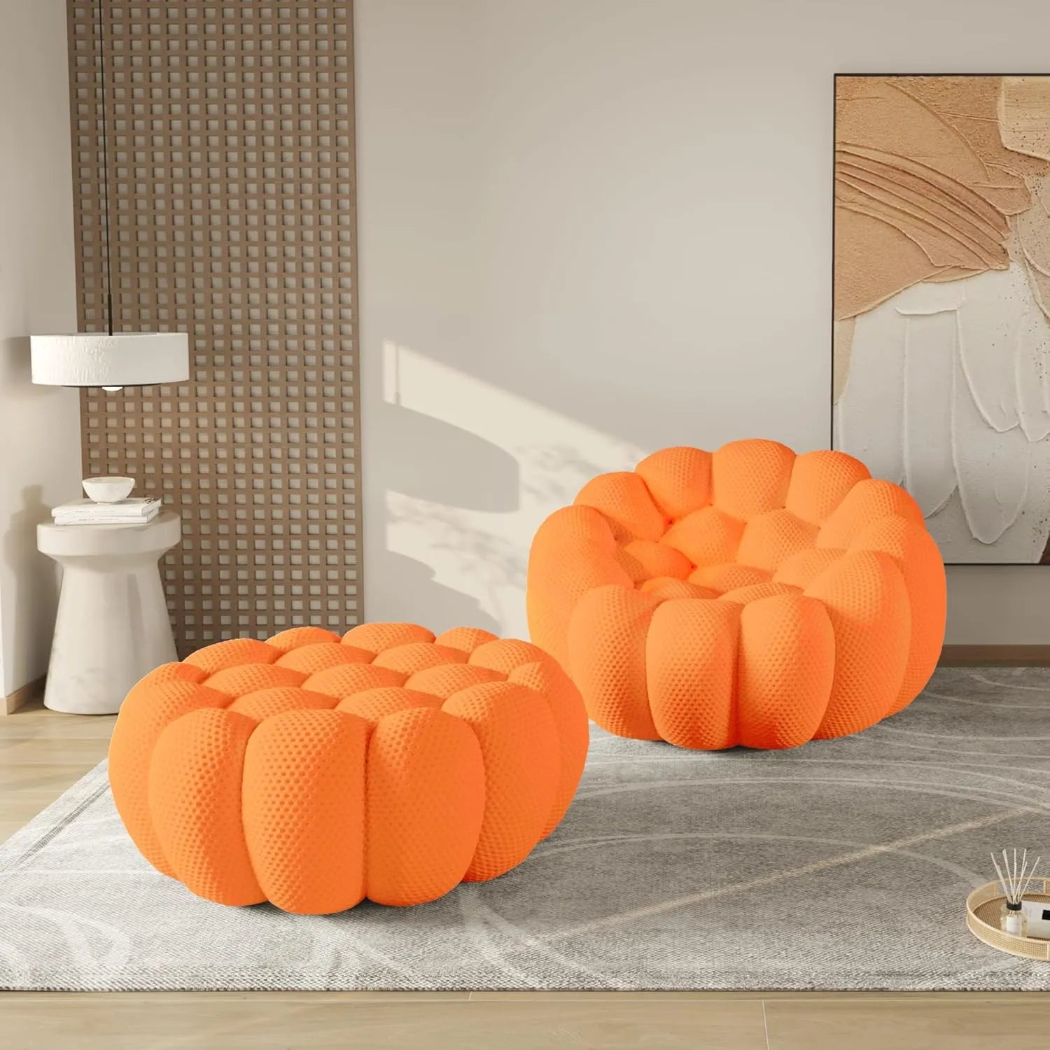 Essential 1-Seater orange 3D-Knitted Fabric Single Sofa | 2-Piece (includes 1 Ottoman), 3D-Knitted Fabric, Small Space