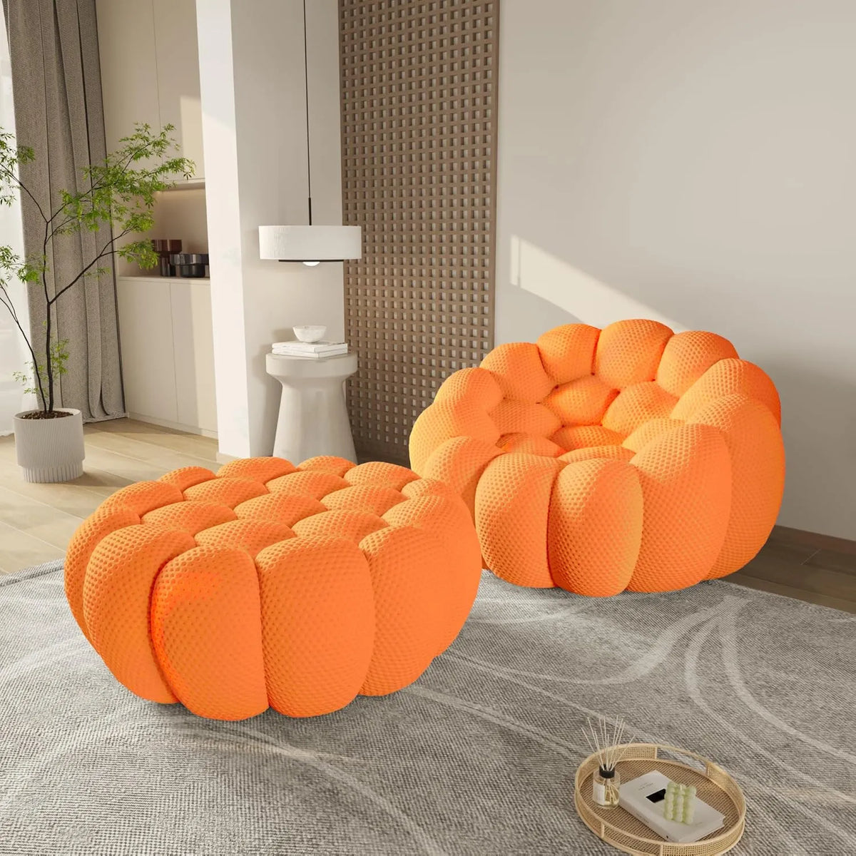 Sofá individual Essential de 1 plaza en tela de punto 3D naranja | 2 piezas (incluye 1 otomana), tela de punto 3D, para espacios pequeños