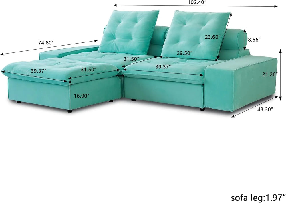Deluxe Adjustable Cloud Sectional Sofas | Tiffany Blue Frosted Velvet Loveseats 2-seaters with 1 Ottoman