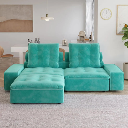 Deluxe Adjustable Cloud Sectional Sofas | Tiffany Blue Frosted Velvet Loveseats 2-seaters with 1 Ottoman