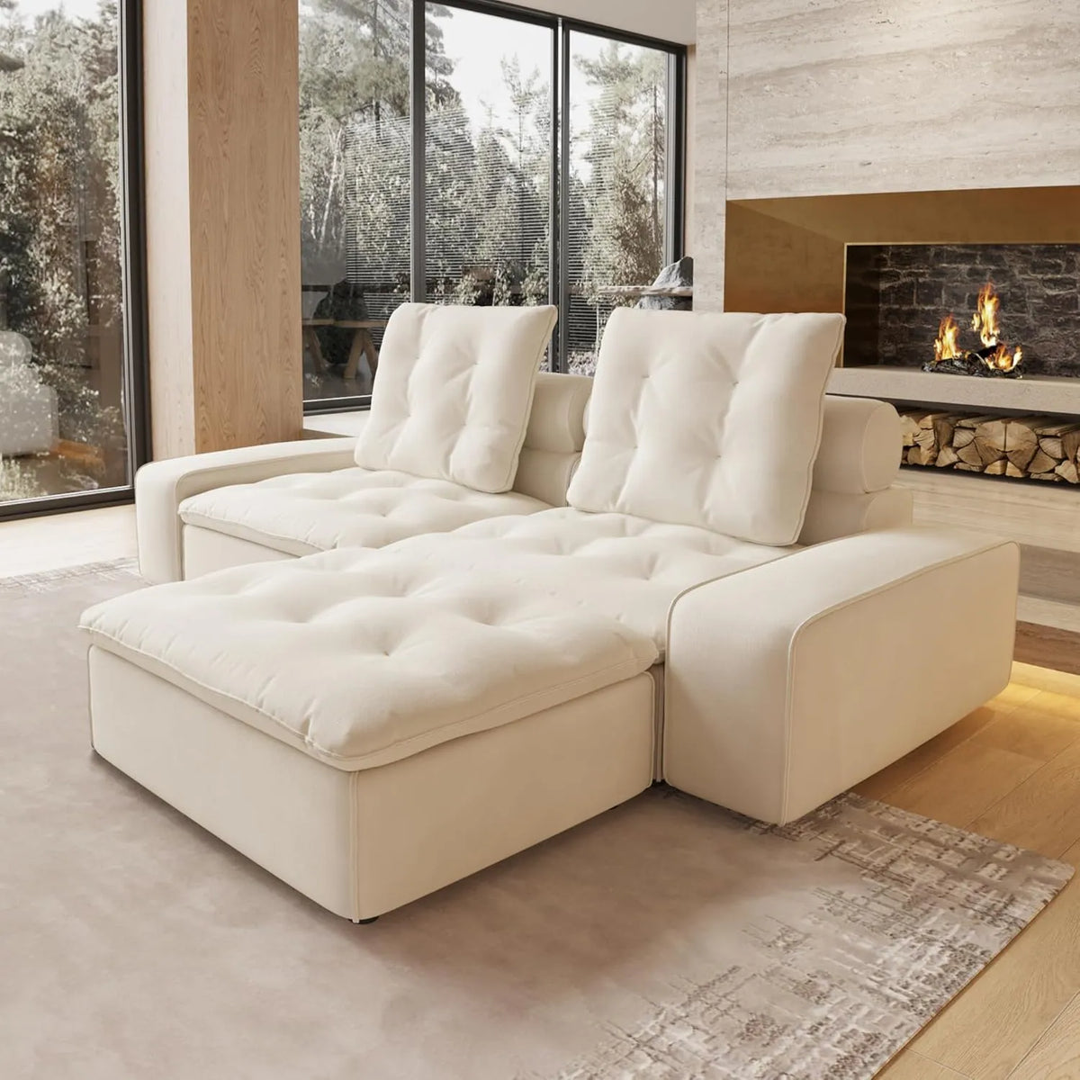 Deluxe Adjustable Cloud Sectional Sofas | 3-Piece Beige Frosted Velvet Chaise Sectionals 2-Seater