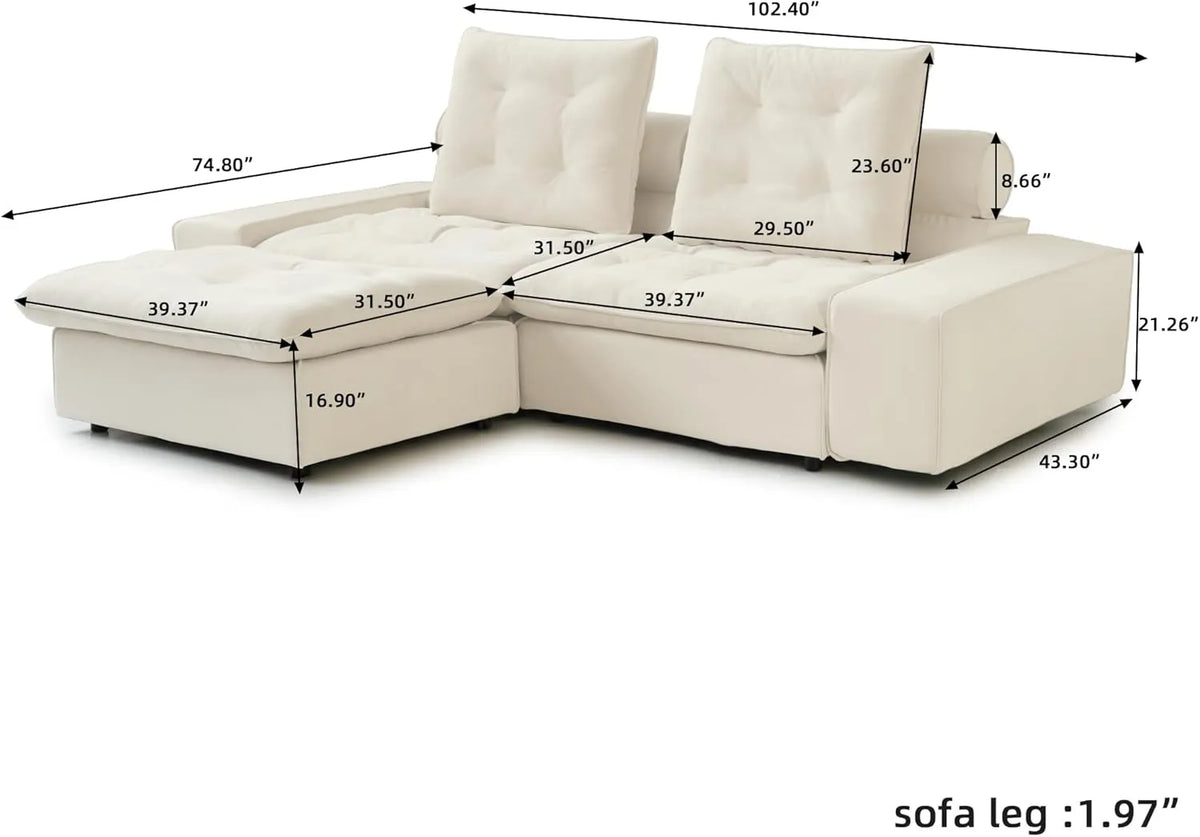 Deluxe Adjustable Cloud Sectional Sofas | 3-Piece Beige Frosted Velvet Chaise Sectionals 2-Seater