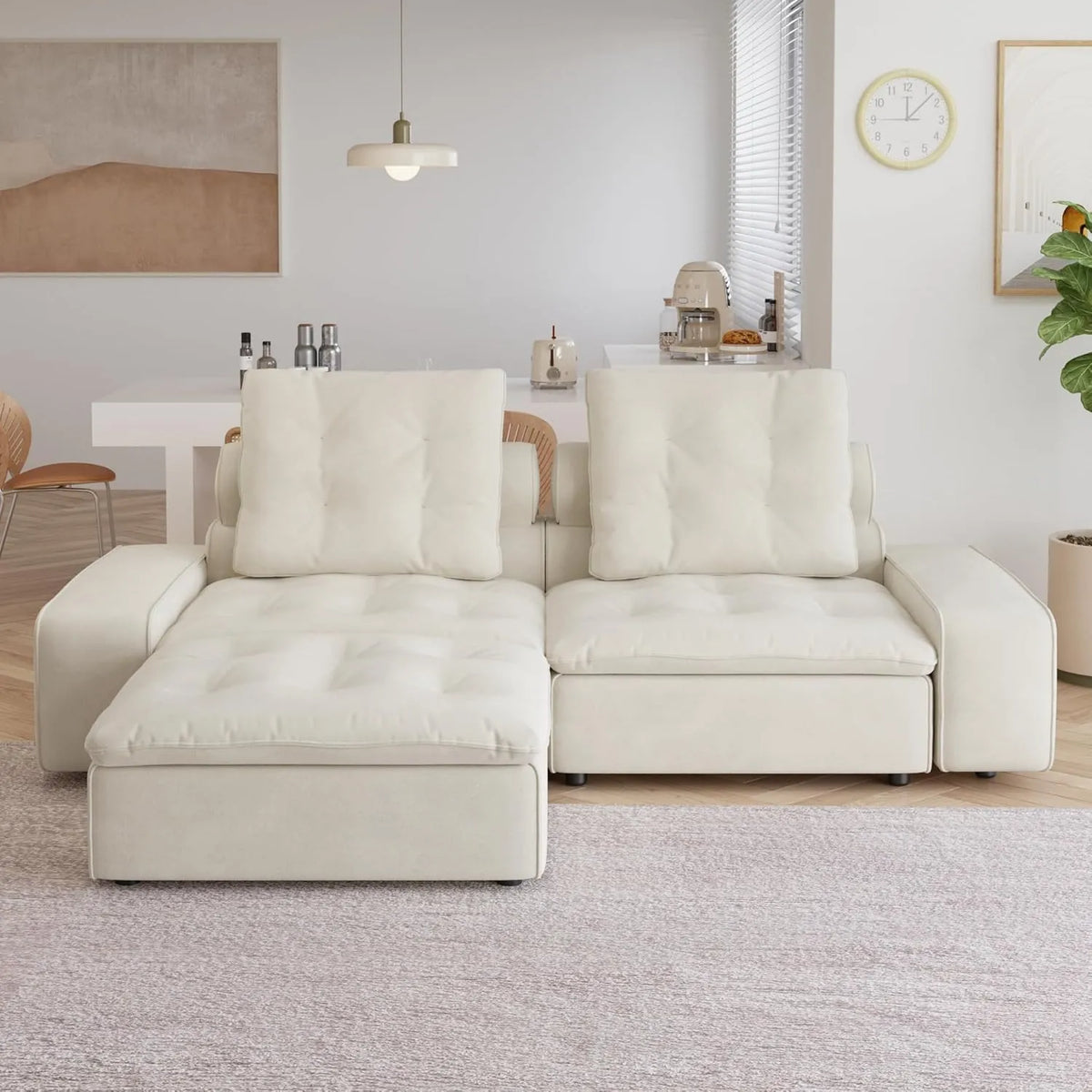 Deluxe Adjustable Cloud Sectional Sofas | 3-Piece Beige Frosted Velvet Chaise Sectionals 2-Seater