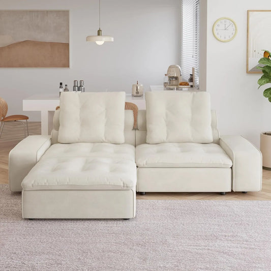 Deluxe Adjustable Cloud Sectional Sofas | Beige Frosted Velvet Loveseats 2-seaters with 1 Ottoman