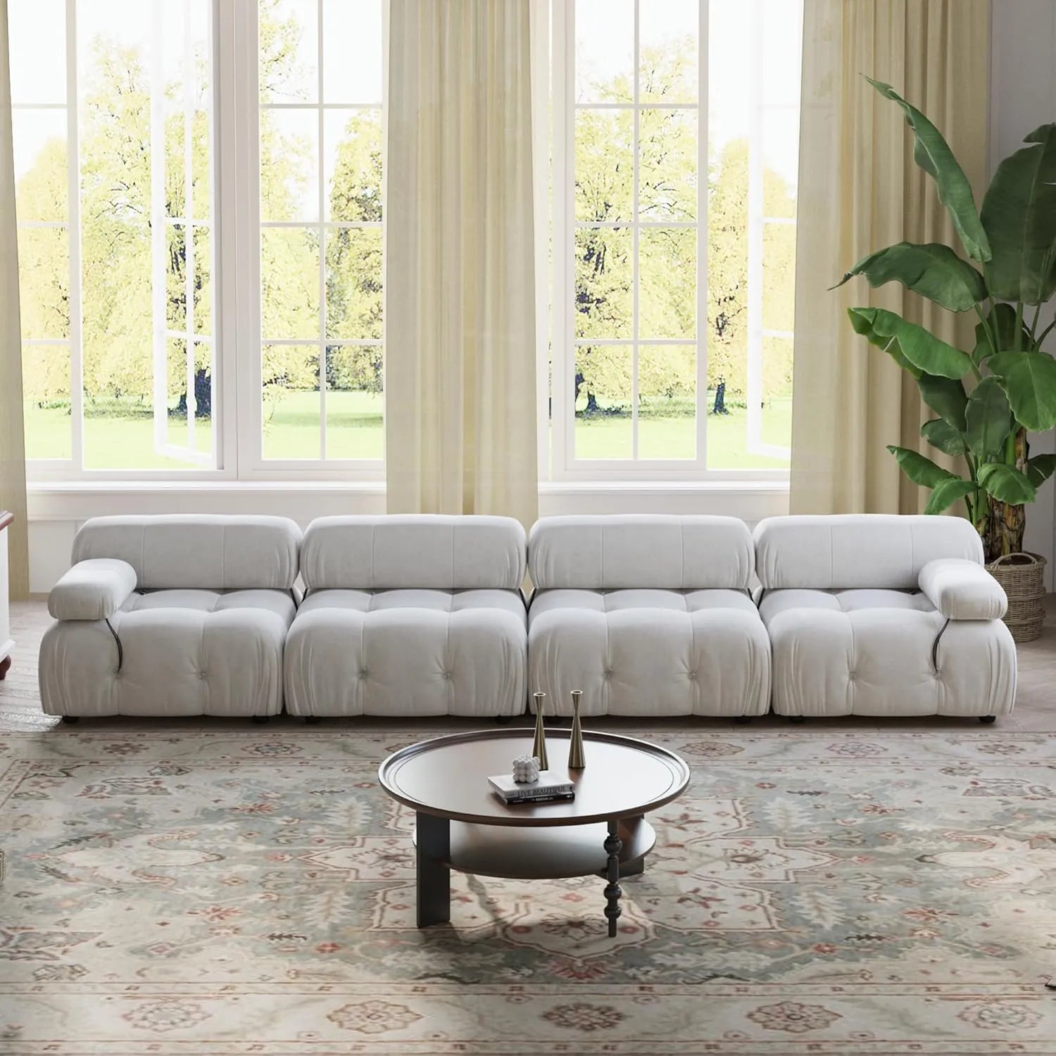 Sofá modular seccional Matrix de 4 plazas en color beige | 4 piezas, tela de terciopelo, diseño espacioso