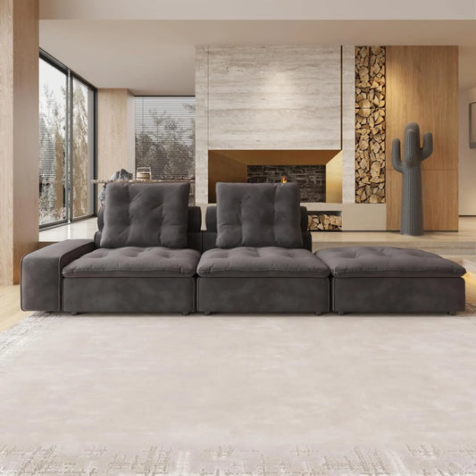 Deluxe Adjustable Cloud Sectional Sofas | Grey Frosted Velvet Loveseats 2-seaters with 1 Ottoman