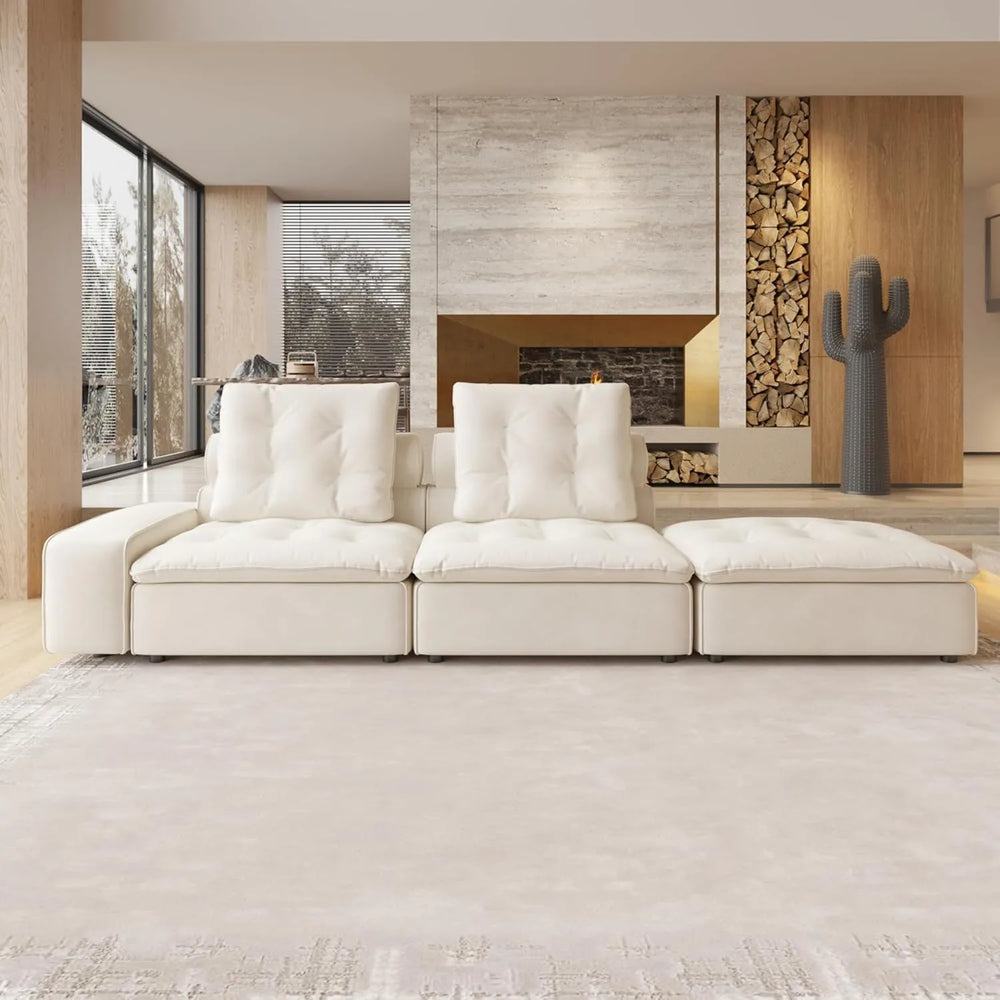 Deluxe Adjustable Cloud Sectional Sofas | Beige Frosted Velvet Loveseats 2-seaters with 1 Ottoman