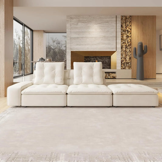 Deluxe Adjustable Cloud Sectional Sofas | Beige Frosted Velvet Loveseats 2-seaters with 1 Ottoman