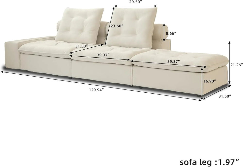 Deluxe Adjustable Cloud Sectional Sofas | Beige Frosted Velvet Loveseats 2-seaters with 1 Ottoman