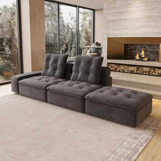 Deluxe Adjustable Cloud Sectional Sofas | Grey Frosted Velvet Loveseats 2-seaters with 1 Ottoman