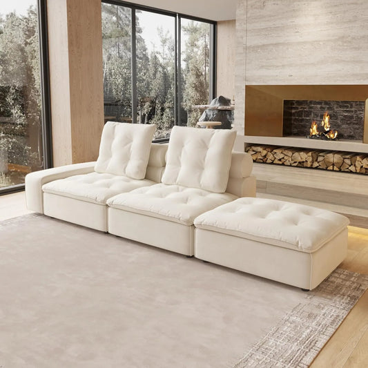 Deluxe Adjustable Cloud Sectional Sofas | Beige Frosted Velvet Loveseats 2-seaters with 1 Ottoman