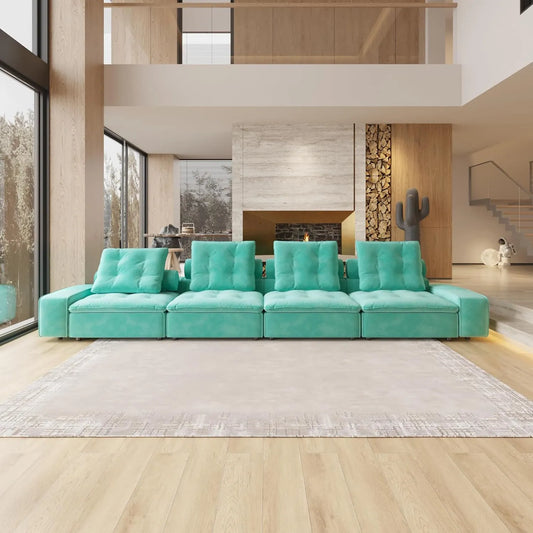 Deluxe Adjustable Cloud Sectional Sofas | Tiffany Blue Frosted Velvet Couch Sectionals 4-seaters