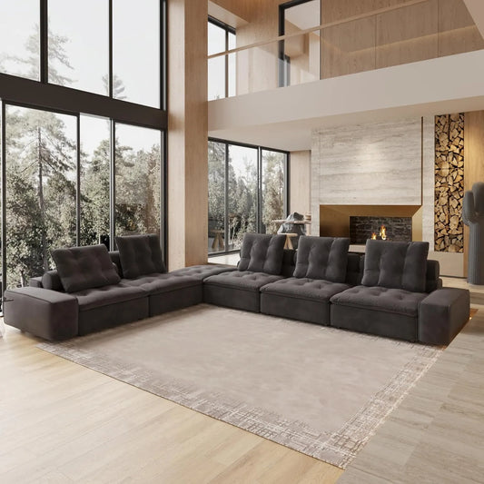 Deluxe Adjustable Cloud Sectional Sofas | Grey Frosted Velvet Couch Sectionals 5-seaters with 1 Ottoman