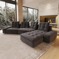 Deluxe Adjustable Cloud Sectional Sofas | Grey Frosted Velvet L shaped Sectionals 4-seaters with 1 Ottoman
