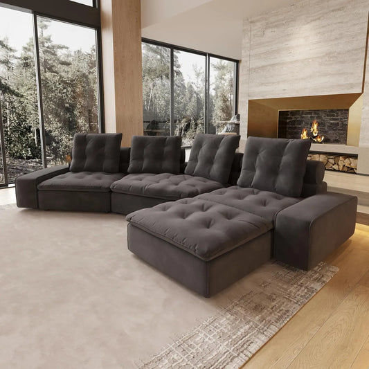 Deluxe Adjustable Cloud Sectional Sofas | Grey Frosted Velvet L shaped Sectionals 4-seaters with 1 Ottoman