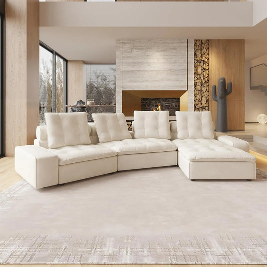Deluxe Adjustable Cloud Sectional Sofas | Beige Frosted Velvet L shaped Sectionals 4-seaters with 1 Ottoman