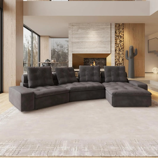 Deluxe Adjustable Cloud Sectional Sofas | Grey Frosted Velvet L shaped Sectionals 4-seaters with 1 Ottoman