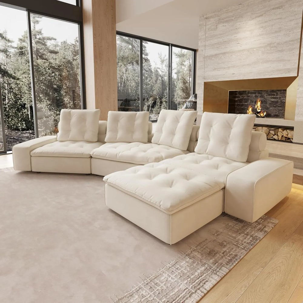 Deluxe Adjustable Cloud Sectional Sofas | Beige Frosted Velvet L shaped Sectionals 4-seaters with 1 Ottoman