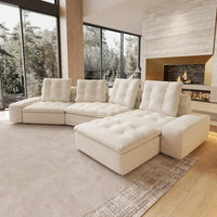 Deluxe Adjustable Cloud Sectional Sofas | Beige Frosted Velvet L shaped Sectionals 4-seaters with 1 Ottoman