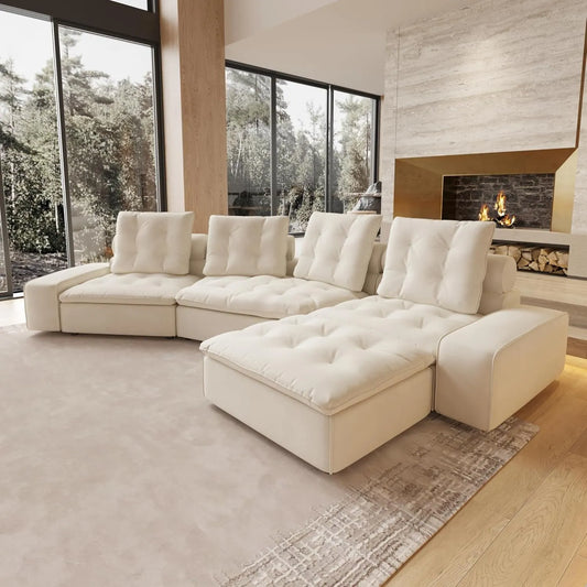 Deluxe Adjustable Cloud Sectional Sofas | Beige Frosted Velvet L shaped Sectionals 4-seaters with 1 Ottoman