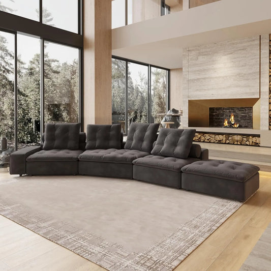 Deluxe Adjustable Cloud Sectional Sofas | Grey Frosted Velvet L shaped Sectionals 4-seaters with 1 Ottoman