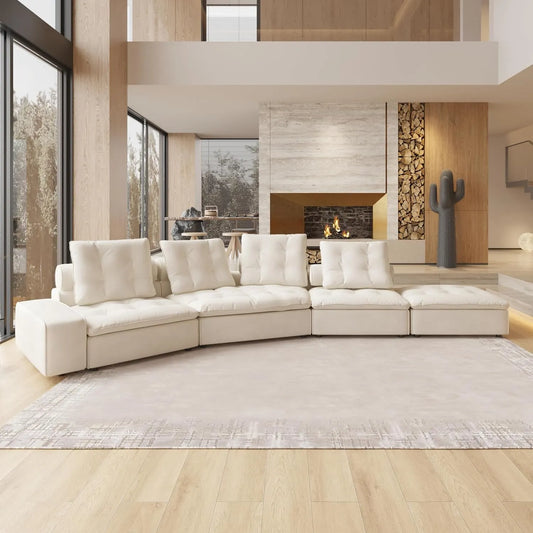 Deluxe Adjustable Cloud Sectional Sofas | Beige Frosted Velvet L shaped Sectionals 4-seaters with 1 Ottoman