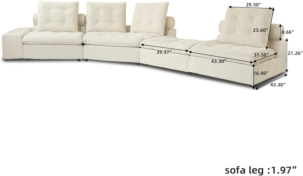Deluxe Adjustable Cloud Sectional Sofas | Beige Frosted Velvet L shaped Sectionals 4-seaters with 1 Ottoman